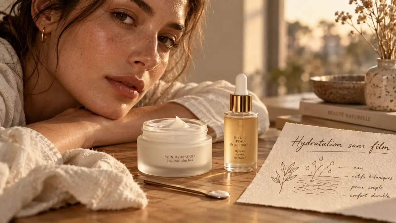 Soin hydratant visage : crème légère sur peau souple, texture et pores visibles