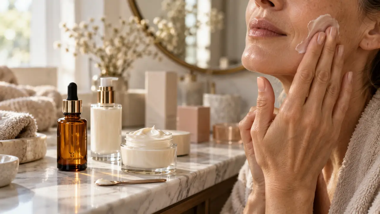 Soins visage peau mature : application crème sur peau mature