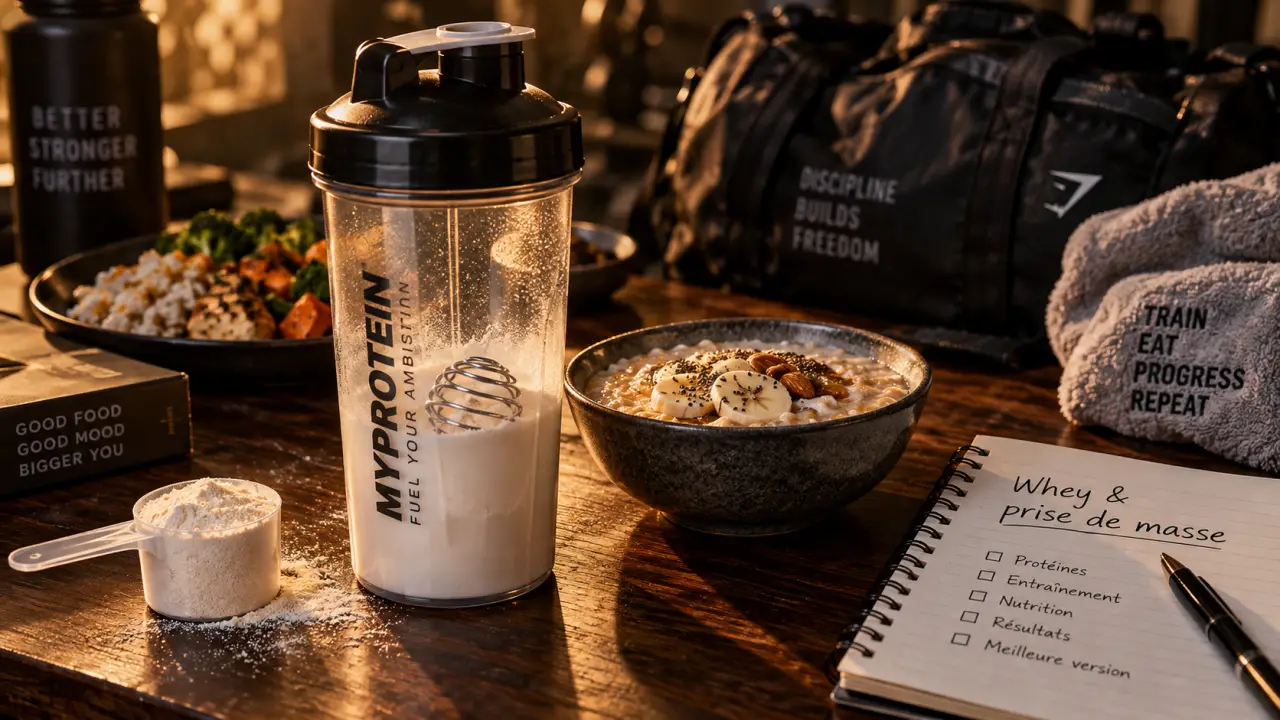 Shaker whey protéine prise de masse, porridge et calories