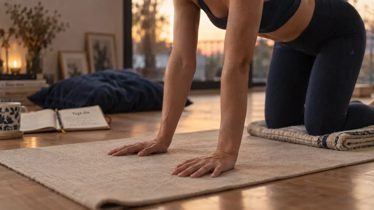 Yoga pour mal de dos : posture chat-vache sur tapis de yoga